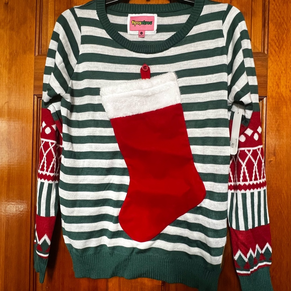 Tipsy Elves Green and Red Striped Sweater with Stocking